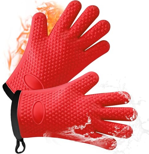 AMFUN Guantes para Horno, Resistentes Al Calor De 240°c, Antideslizantes Guantes Horno Silicona con Forro Interior de algodón Suave, Guantes de Cocina Resistentes al Calor (Rojo
