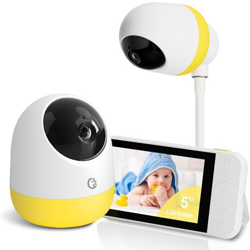 Ellie Pro Baby Monitor with Camera and Audio,5'' IPS 2K UHD Resolution,6000mAh Battery, Remote Pan-Tilt-5X Zoom, 2-Way Talk,No WiFi, Night Vision, Virtual Fence 24hr Play Back and 1000ft Range Yellow