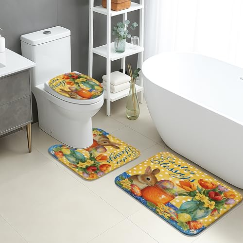 Alfombra De Baño De 3 Piezas Rabbit Primaveral con Frutas Y Flower Juego De Alfombrillas De Baño Decorar Antideslizantes Alfombras De Cama, para Bathroom, Cocina, Dormitorio