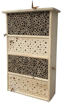 Relaxdays Hotel para Abejas en Madera con Tubos de bambú, 40 x 26 x 10,5 cm, jardín y balcón, colgable, Natural