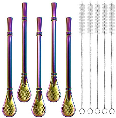 Stainless Steel Straw Filter Spoon, Yerba Mate Bombilla, Loose Leaf Tea Strainer, Tea Straw for Drinking Coffee, Cocktail, Pack of 5 with Cleaning Brush (5 Rainbow)