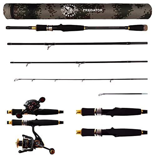 Rigged and Ready Predator Baitcaster Spin Reise-Angelrute mit Mikro-Trigger Baitcast-Spinnrute + 2 Spitzen, 220 + 185 cm 0-30, 20-80 g Köderguss