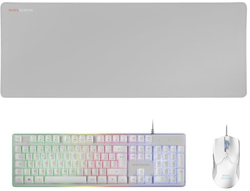 Mars Gaming MCPX, Combo Gaming 3en1 con Teclado H-Mech Iluminado, Ratón Ultraligero 10000 dpi con Software y Alfombrilla XXL, Compatible con PC, PS4, PS5, Xbox, Idioma Francés AZERTY, Blanco