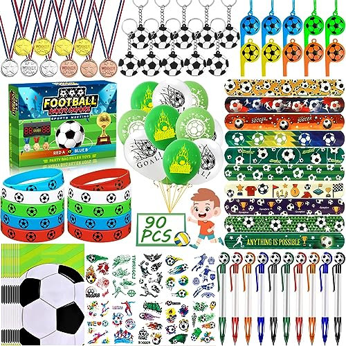 Frasheng 90pcs Fußball Party Mitgebsel Kinder,Fußball Give Aways mit Schnapparmband,Luftballon,Silikonarmband,Trillerpfeife,Medaillen,Partei Geschenk Taschen,Kugelschreiber,Aufkleber usw.