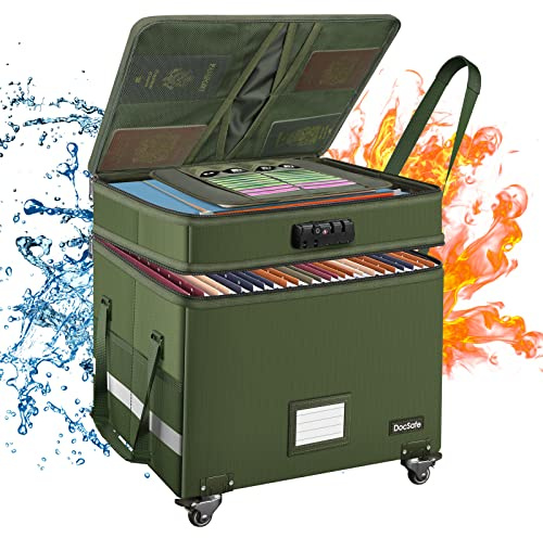 DocSafe File Box with Lock,2-Layer Fireproof Document Box with Wheels,Collapsible Rolling File Storage Organizer with Pockets,Large Portable Home Office Filing Cabinet Safe for Hanging Folders,Green