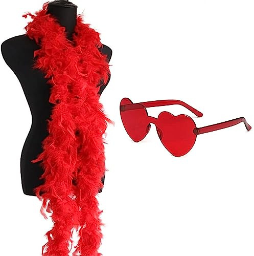 gotyou Boas De Plumas Coloridas, 2m Boas Plumas para Manualidades, Boa De Plumas De Pavo, Boa De Plumas Carnaval con Gafas de Sol sin Borde de Corazón, para mujer, baile, boda, fiesta, cosplay