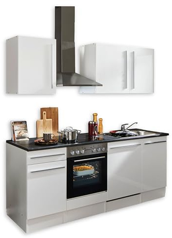 Stella Trading Jazz 8 Moderna sin electrodomésticos en Blanco Brillante, Gris metálico-Amplia Cocina Equipada con Mucho Espacio de Almacenamiento, Madera de ingeniería, Küchenzeile