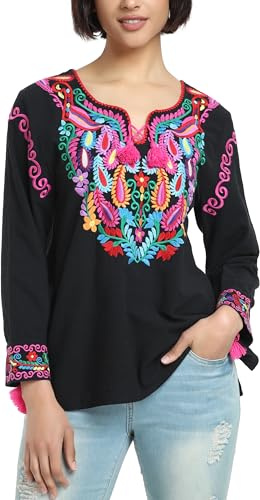 YZXDORWJ Women's Mexican Long Sleeve Blouse Embroidered Traditional V Neck Top Boho Tunic (XL, 325BK)