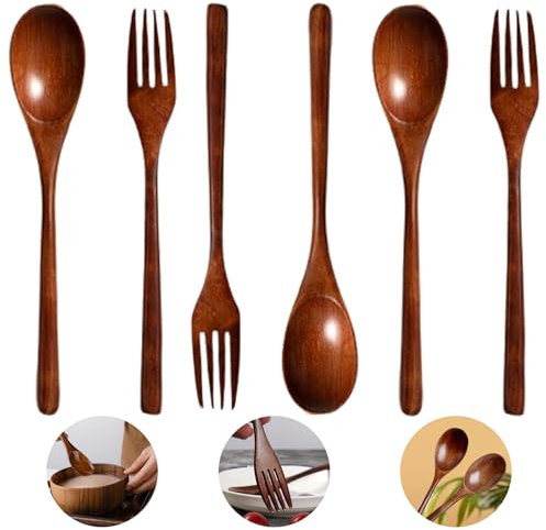 Set di 6 Cucchiaio e Forchetta In Legno Riutilizzabili, Posate Da Insalata Legno, Forchetta Per Dolci Spaghetti Legno, Cucchiaio Di Legno Giapponese, Per Cucina, Catering, Vita Quotidiana