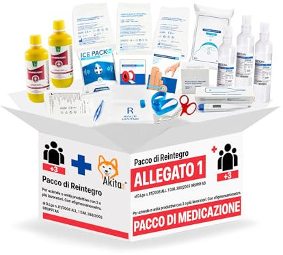Akitaink Kit di reintegro ALLEGATO 1 SENZA SFIGMOMANOMETRO pacco medicazione per cassetta di pronto soccorso aziendale con un organico di almeno 3 dipendenti, Conforme 388/DL81, Made in Italy