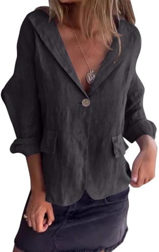 shownicer Leinenblazer Damen Leicht Leinen Blazer Sommerjacke Tailliert Sommer Übergangsjacke Elegant 3/4 Ärmel Anzugjacke Blazerjacken Knöpfe Sakko Hemdjacke Leinen Jacke A Schwarz XL