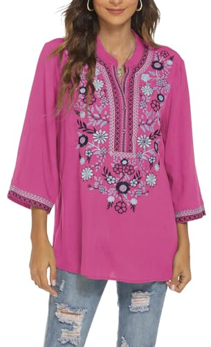 Seasonal Women's Boho Embroidered Tops Mexican Peasant Style Bohemian 3/4 Sleeve Shirt Hippie Clothes Summer Tunic Blouses (Rose-372, XL)