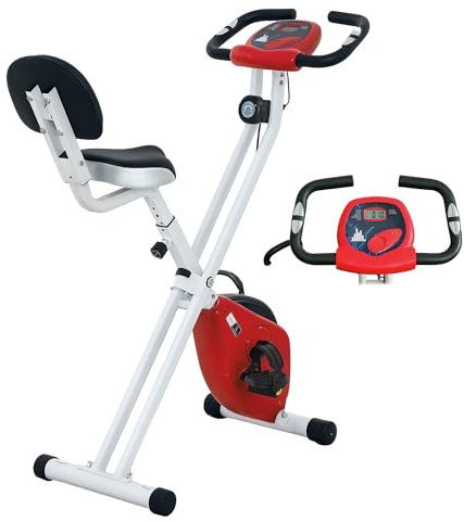 HOMCOM Vélo d'Appartement Magnétique Pliable - Collaboration Aosom.fr x FFHandball - Vélo de Fitness en X Silencieux pour Sport Maison et Cardio-training - Écran LCD & Capteur Pouls, Rouge
