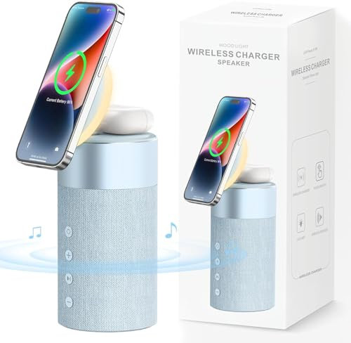 COLSUR Cassa Bluetooth Caricabatterie wireless Altoparlanti Bluetooth con luce notturna, stazione di ricarica wireless 2 in 1 per iPhone 16/15/14/13/12 Series AirPods Pro/4/3/2-Blu