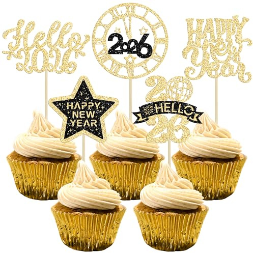 Gyufise 30Pcs Happy New Year 2026 Cupcake Toppers Hello 2026 Cupcake Picks Cheers to 2026 Midnight Clock Fireworks Hello 2026 Cake Decorations for 2026 Happy New Year Eve Party Supplies Gold