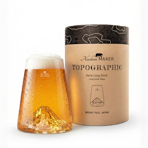 Alaskan MAKER Vaso alto 450ml - Vaso de borosilicato de alta calidad soplado a mano con montañas en relieve | Cóctel, cerveza o refresco TOPOGRÁFICO (Fuji)