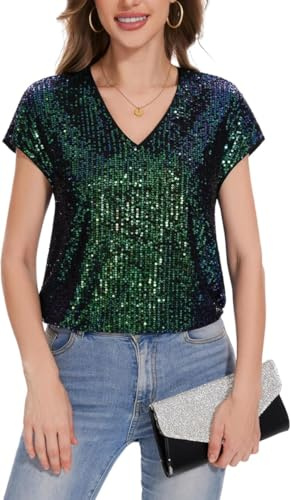 Kyzoeyou Blusa de lentejuelas brillantes para mujer, manga casquillo, cuello en V, blusa tipo túnica con lentejuelas con purpurina, holgada, casual, fiesta, G-verde, M