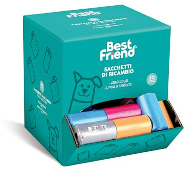 Best Friend - 1600 Sacchetti Cacca Cane Ultra Resistenti, a Prova di Fuoriuscita (80 Rotoli da 20 sacchetti). Bustine colorate per escrementi non profumate 27 x 30 cm.