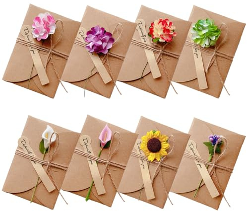 RHQFDM 8 tarjetas de felicitación con flores secas, con sobre de papel de estraza y flores secas, juego de tarjetas de felicitación retro en blanco para el día de la madre, Acción de Gracias
