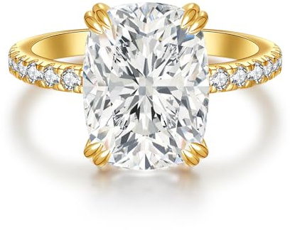 LANKRALOVNA 5CT Elongated Cushion Cut Engagement Ring for Women, S925 Sterling Silver Wedding Promise Cubic Zirconia Band, 14K Gold Plated Half Eternity Anniversary Birthday Gifts for Her, Size 6