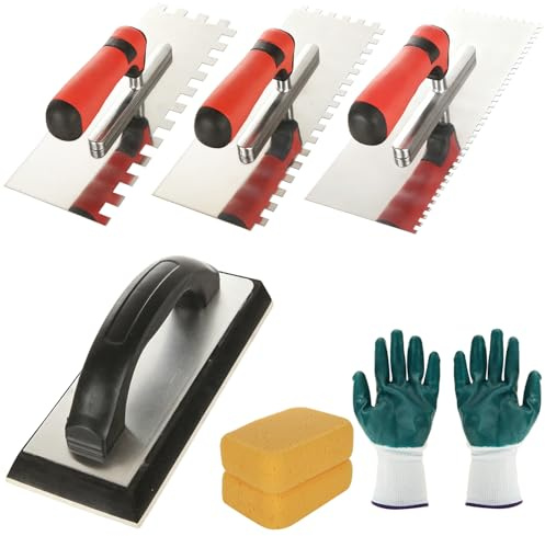 Acrxu7 7PCS Tile Tools, Stainless Steel Square Notched Tile Trowel, Notch Size: 5/32 & 5/16 & 1/2, Rubber Grout Float, Grout Sponge, Gloves,Tiles Trowel Set for Tiling Installation Grouting