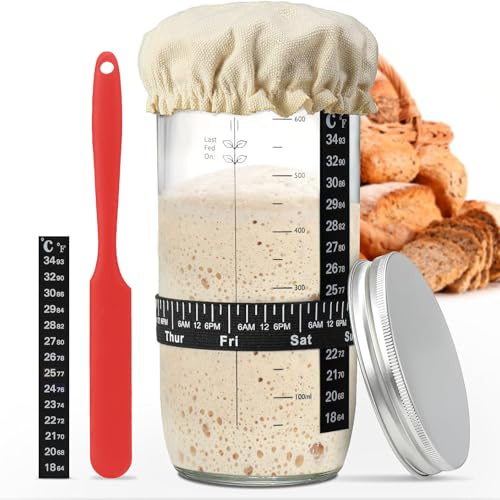 Yitobici surdeg startset, 730 ml surdeg startglas, fermenteringsglas, surdeg glas, med spatel och termometer, tygskydd och metalllock, tillbehör för husbakning
