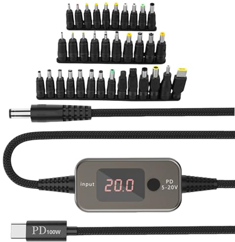 100 W typ C PD till DC adapterkabel, 1 m justerbar spänning 5 V/9 V/12 V/15 V/20 V, PD-ON-DC-kontaktkabel med spänningsdisplay och strömbrytare, innehåller 34 adaptrar för bärbar dator, router