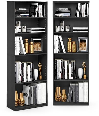Furinno Jaya 5-Tier Book Shelf Set of 2, Adjustable Shelf, Black
