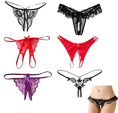 MAXMURYS Lot de 6 Strings Tanga Sexy en Dentelle pour Femme - sous-vêtements Lingerie Hipster Thongs - Taille Unique - Noir - Confortable et Élégant, pour Occasions Spéciales