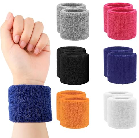 12Pcs Sweat Band, 6 Pair Colourful Wristband Sports, Protective Elastic Sports Wrist Sweat Bands Men Women, Athletic Cotton Sweatbands, Reusable WristBands for Badminton Tennis Football Basketball