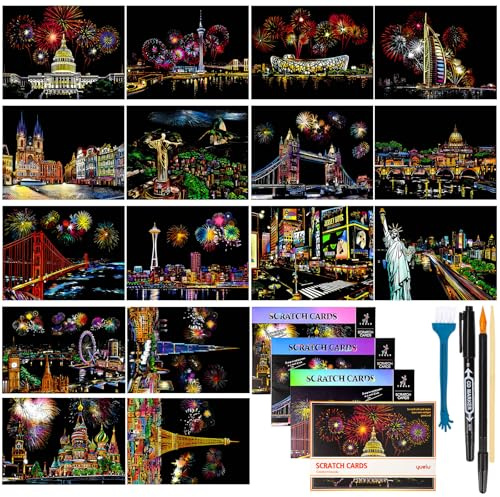 16 Sheets Scratch Art for Adults, Scratch Art Adults A4 with 4 Tools, 29 x 21cm Landmark Building City Series Night Scene Scratchs Arts, Rainbow Scratchs Painting Scratchboard for Adults DIY Craft