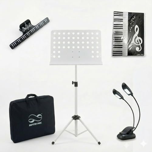 Infitronic INNPWSET01 – Atril de orquesta blanco – Atril estable regulable en altura (90 – 150 cm) con bandeja perforada + bolsa de transporte+luz para atril + partituras