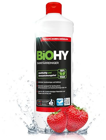 BiOHY Profi Sanitärreiniger Konzentrat (1l) - Bio-Kalklöser für Badezimmer & WC, Erdbeerduft, entfernt Kalk & Verschmutzungen effizient