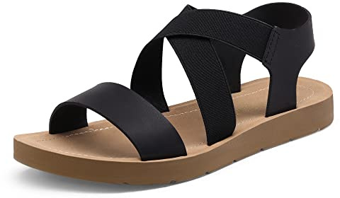 DREAM PAIRS Women's Elastic Ankle Strap Flat Sandals,Black,8