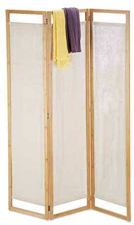 Relaxdays Biombo de 3 Paneles, Separador Ambientes, Parabán Decorativo, Bambú y Tela, 1 Ud., 170 x 120 x 1,5 cm, Marrón