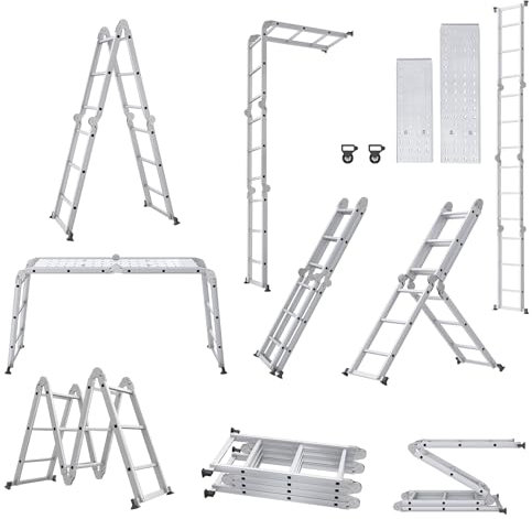 XMTECH Escalera plegable de 340 cm con plataforma de aluminio, escalera multifunción 6 en 1, escalera de pie de aluminio, 4 x 3 peldaños, color plateado