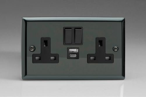 Varilight Classic Iridium Black 2-Gang 13A Single Pole Switched Socket with 1x USB A & 1x USB C Charging Ports