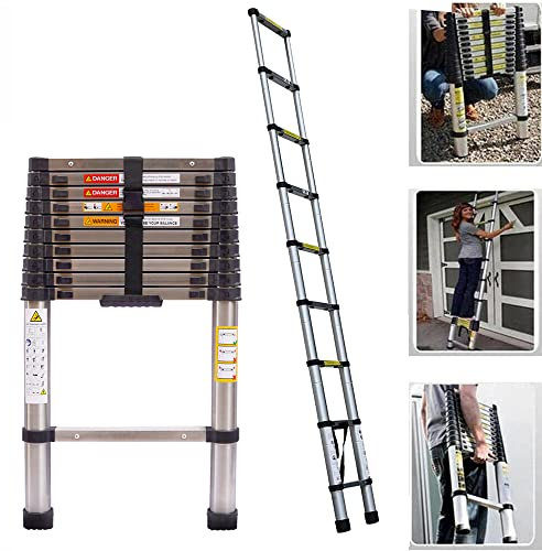 Scala telescopica allungabile, 2,6 m, in acciaio inox, antiscivolo, con 9 pioli, portata 150 kg