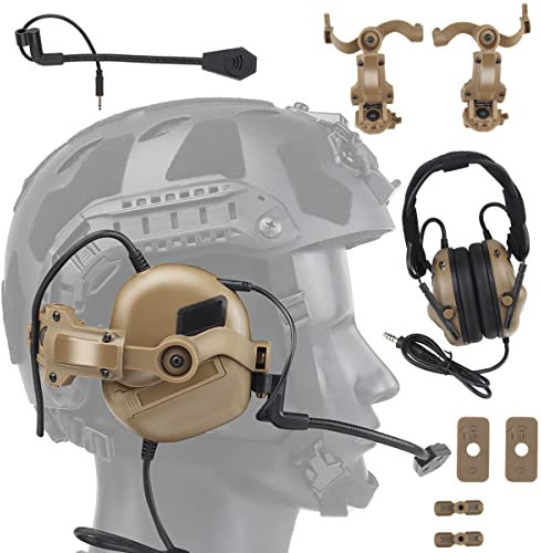WLXW Taktisches Headset Für Airsoft (Am Kopf Und Am Helm Montiert), Wargame Hunting Outdoor Non-Military Tactical Earmuff (No Noise Reduction), Mit Helm-ARC-Schienen-Adapterarm,Tan
