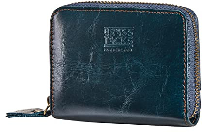 BRASS TACKS Leathercraft Cartera Pequeña Mujer y Hombre Piel - Monedero Tarjetero Horizontal con Cremallera, Bloqueo RFID y Ventana ID, Mini Billetera Corta para Tarjetas y Monedas