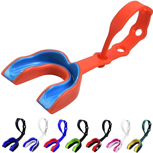 Oral Mart Orange/Blue Strapped Youth Mouth Guard for Kids - Sports Mouthguard with Connected Strap for Football, Ice Hockey, Lacrosse, Taekwondo
