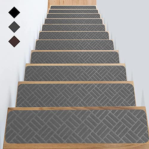 Anti-Rutsch Teppich Stufenmatten Indoor 15 Stück Treppenteppich für Holzstufen Stufenteppich Treppenmatten Spezialisiert für Kinder, Senioren Und Hunde 76x20 cm (Grau Streifen,Set of 15 Treads)