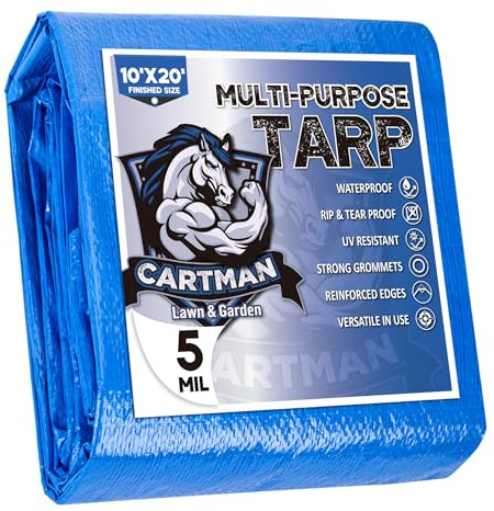 CARTMAN Finished Size 10x20 Feet Blue Poly Tarp 5 Mil Thick, Multipurpose Protective Cover for Camping, Tent, Boat, RV, Car