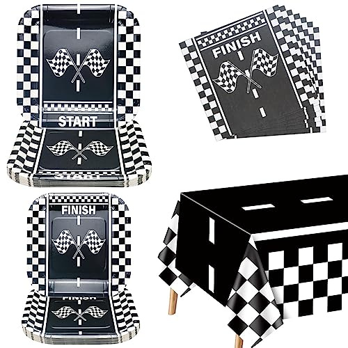 61Pzas Coche de Carreras Decoraciones para Fiestas - Platos de Papel, Servilletas, Mantel de Coche de Carreras para Cumpleaños de Niños con Tema de Carreras de Coches, 20 porciones