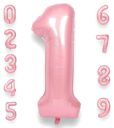 RainbowQ Party 1 Balloon Number 40 Inch for Boy or Girl Big Pink 0-9 Foil Mylar Large 1 Number Balloon Happy 1st Birthday Party Anniversary Decorations Supplies