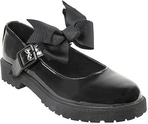 Girls Back to School Shoes Kids Children Ladies Womens Mary Jane Pumps Slip On Bow Flat Low Loafers Ballerina Dolly Pump Work Office Geek Formal Casual Flat T Bar Grip Shu (Bet 1 Patent, 6)