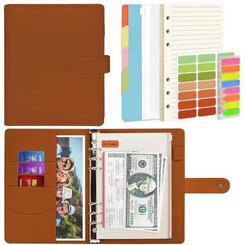 Mlife A5 Notebook Binder Set - 6 Ring PU Leather Planner,5 PCS File Divider,45 Sheets A5 Loose Leaf Paper,Label Stickers,Index Tabs and Clear Cash Envelopes,Personal Organizer Binder(Brown)