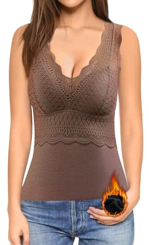 Figninget Débardeur Femme avec Dentelle Thermique sans Manches Col en V Camisole Doublure Chaude sous-vêtements Couche de Base Hauts