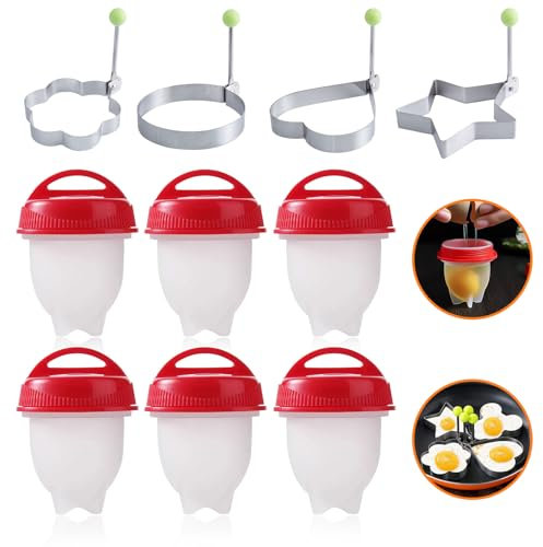 6 Pcs No Shell Egg Cook Cups, Shell Less Egg Boiling Mold, Heat Resistant Silicone Egg Boilers, Silicone Non-stick Egg Boiler with 4 Shapes Fired Egg Ring Mould, Fast Cooking Egg Cups for Breakfast