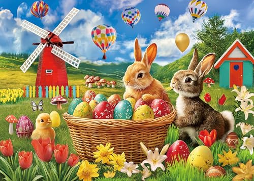 300 Piece Puzzle for Adults Kids Seniors - Happy Easter - Easter Eggs Bunny Tulips Lilies